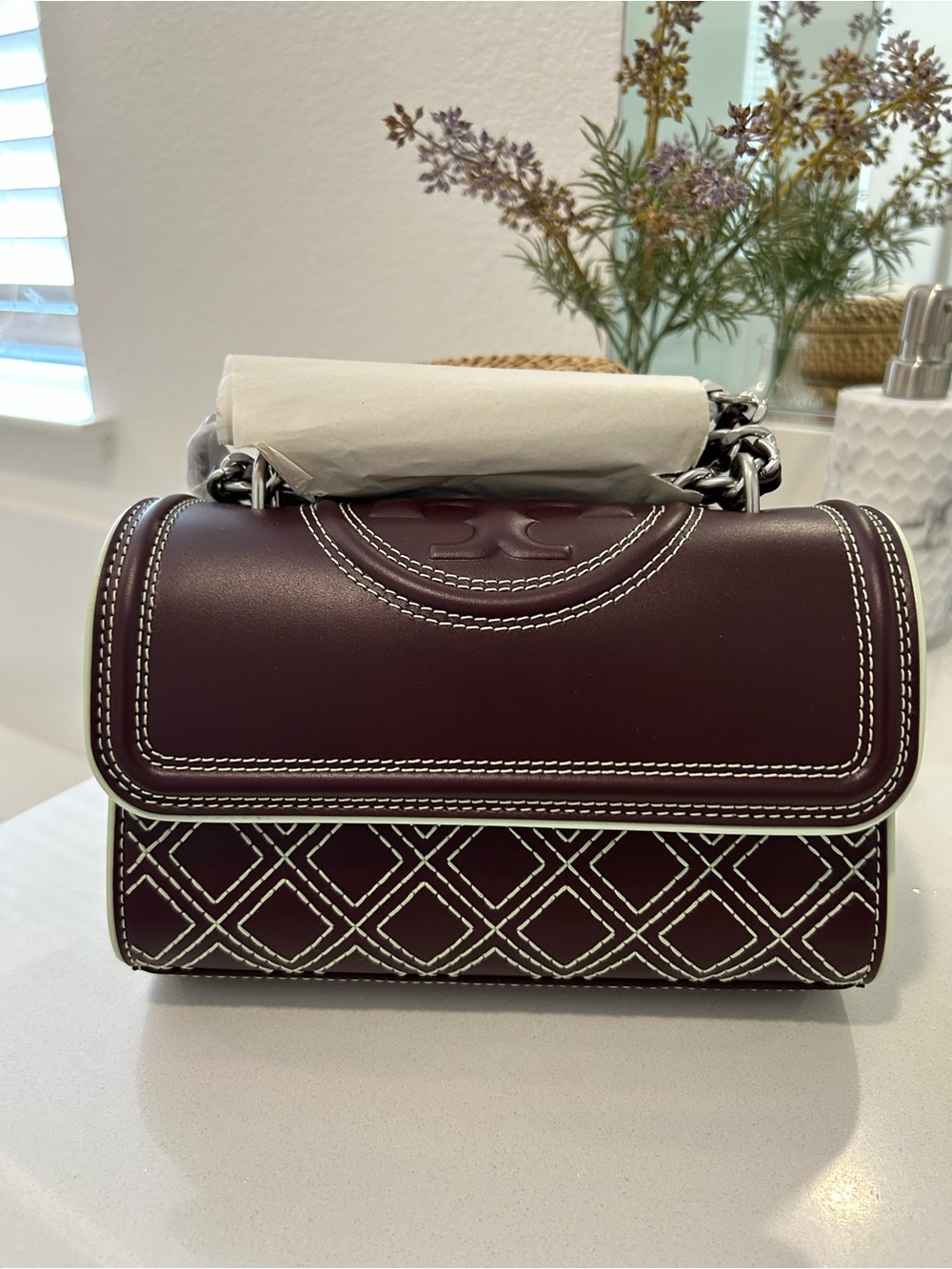 Tory Burch Fleming Pop Stitch Convertible Bag Beetle Berry NWT